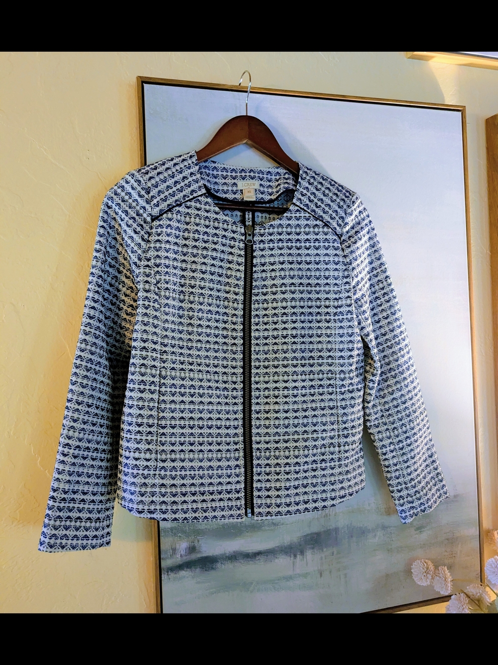 NWOT J. Crew Navy and White Jacguard Heart Jacket XS
